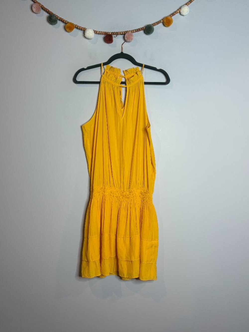Ramy Brook yellow gold high neck ruffle mini dress